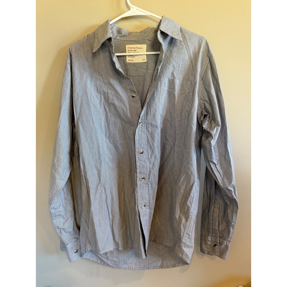 Wrangler Jeans Co Mens Long Sleeve‎ Button Up Shirt Blue Stripe Casual Medium